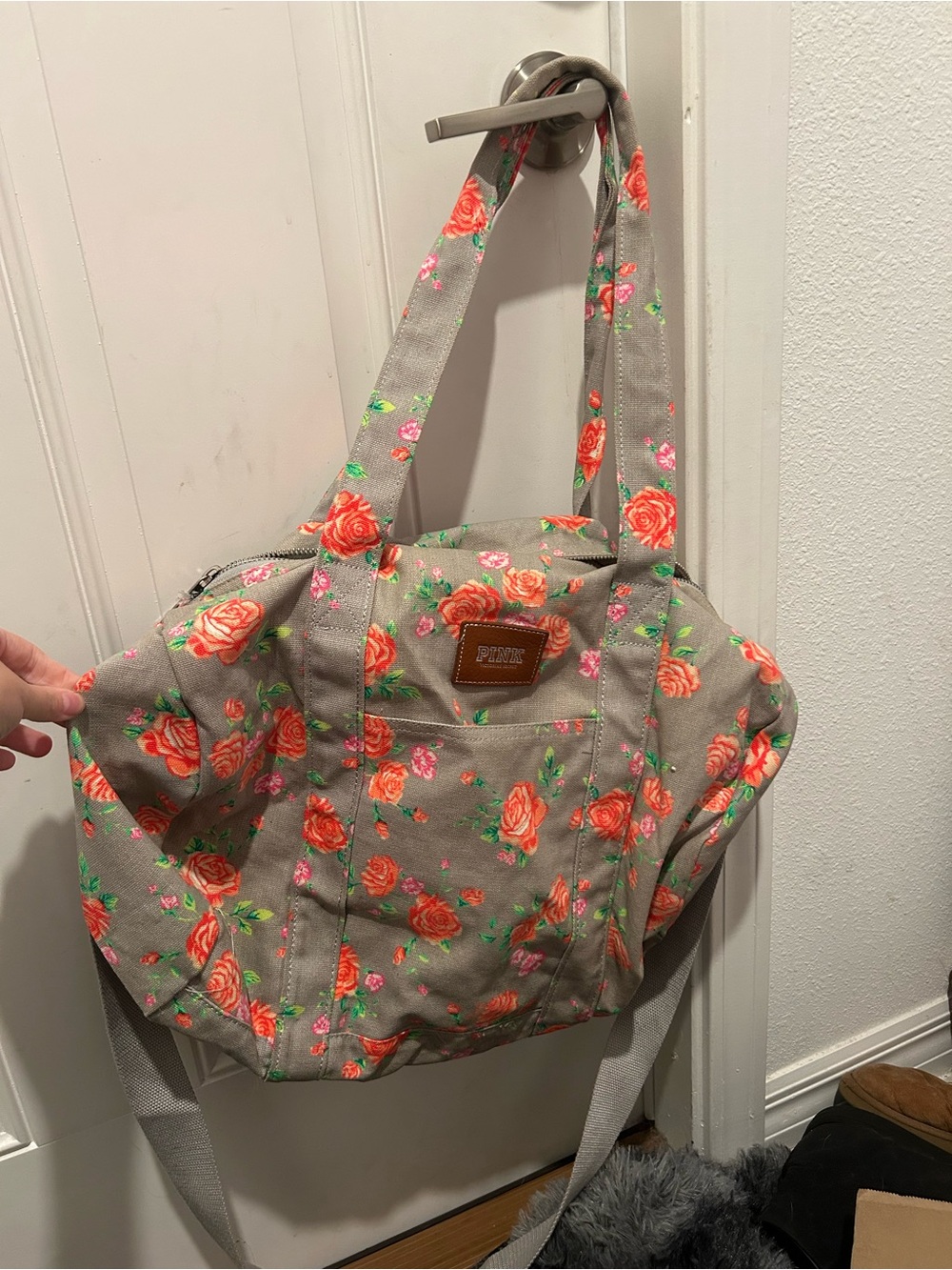 Floral Canvas Duffel in Gray with Coral Rose Print - PINK